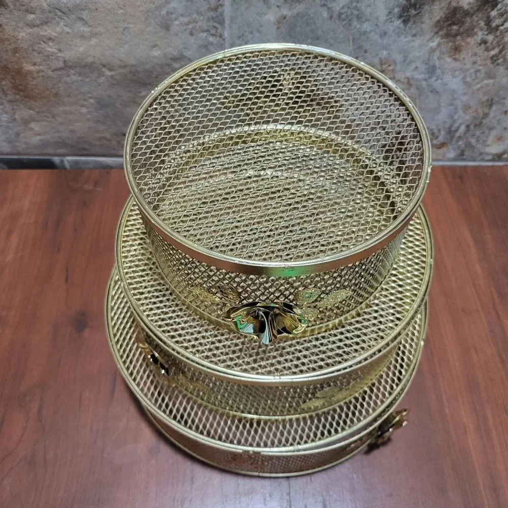 VTG Gold Plated Wire Mesh Baskets Round Metal Trays Rose Leaves Set of 3